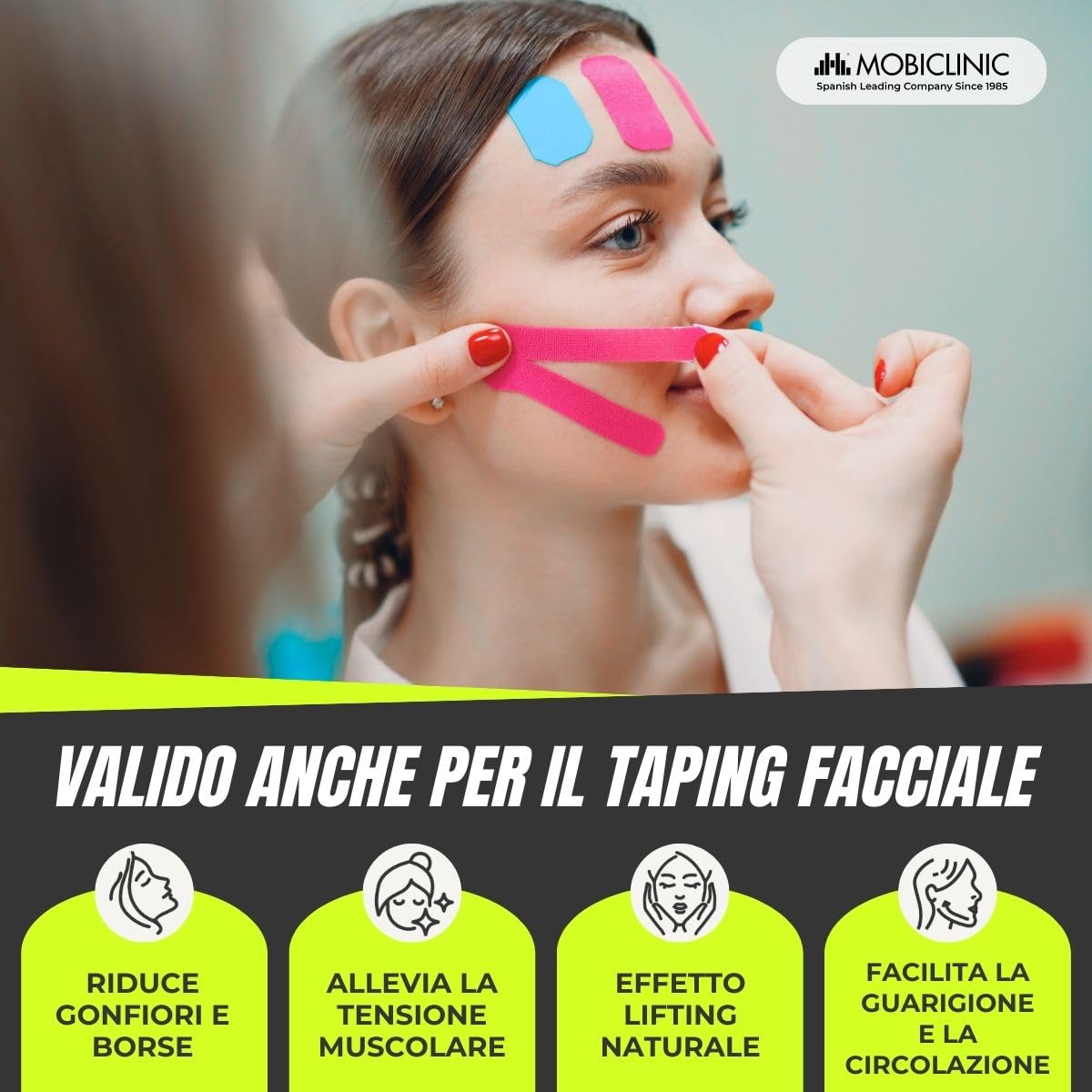 Mobiclinic®, Confezione da 12 rotoli di kinesiotape, Benda elastica autoadesiva, 5m x 5cm, Tape sportivo, Alleviamento del dolore muscolare, Bendaggio kinesiologico, Nastro