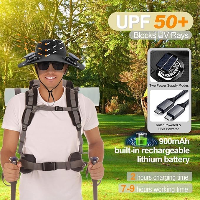 Image of Fishing Hats with Sunglasses, Wide Brim Sun Hat with 2 Solar Fan, USB & Solar Powered Fishing Hats, Solar Fan Hats UPF 50+