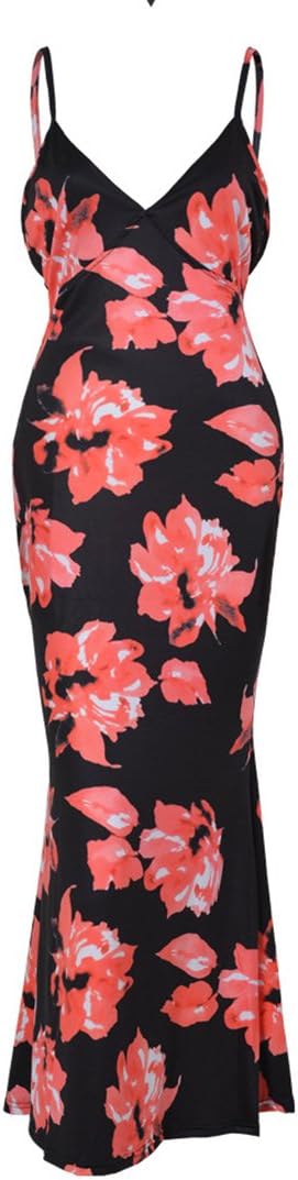 Bohemian Print Split Dress Short Sleeve Deep V Neck Floral Beach Maxi Dress (M, Red-Black)