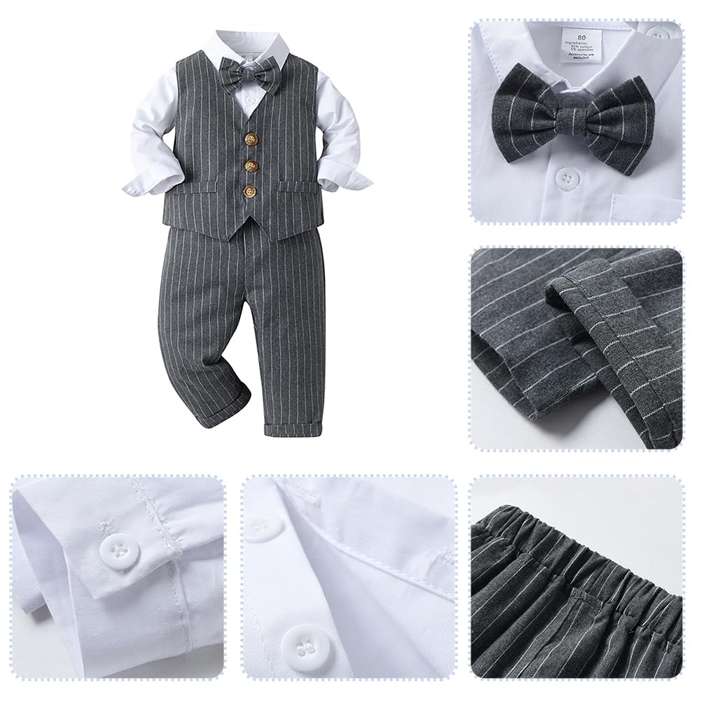 FYMNSI Costume festif pour bébé garçon - Costume gentleman - Costume de baptême - Chemise à manches longues avec nœud papillon - Pantalon - Gilet - 3 pièces