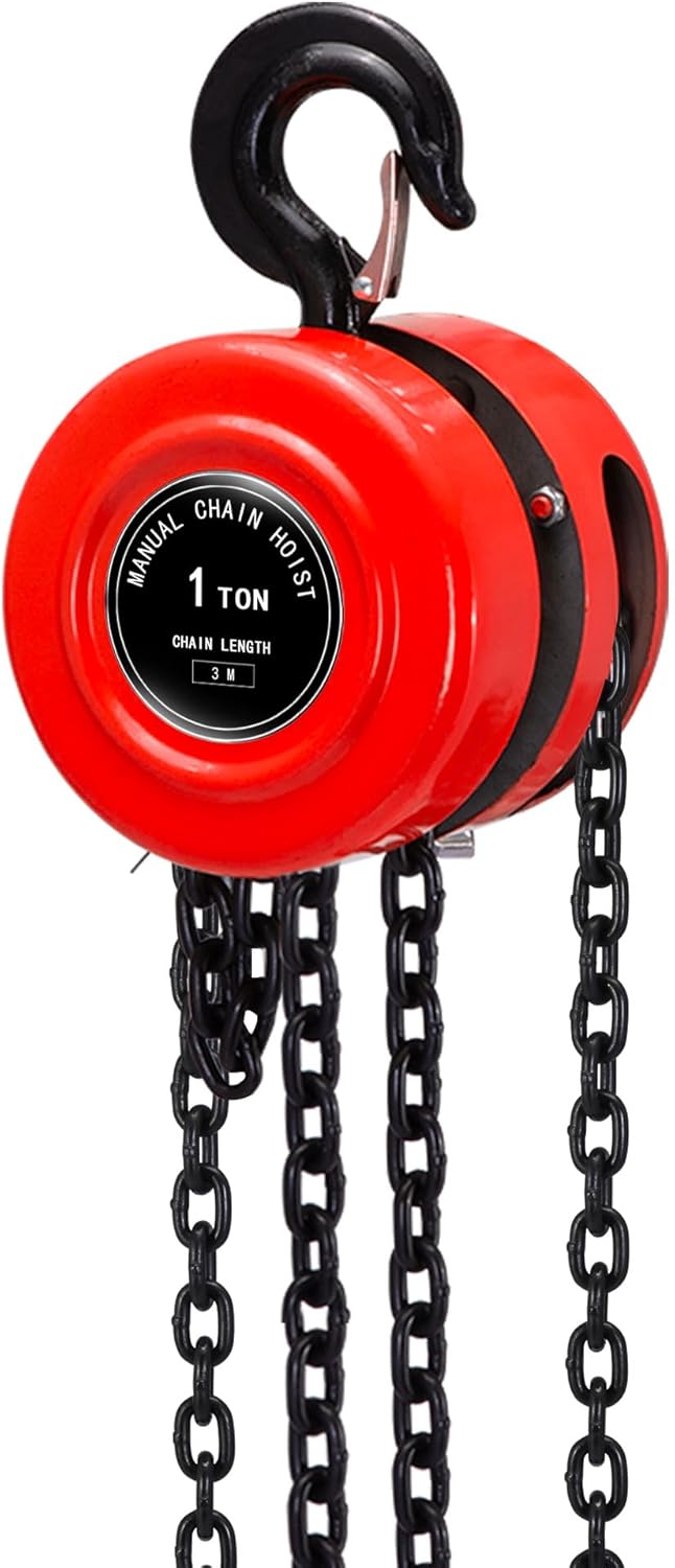 1 Ton 10 Feet Manual Hand Chain Block Hoist with 2 Heavy Duty Hooks for Lifting Red