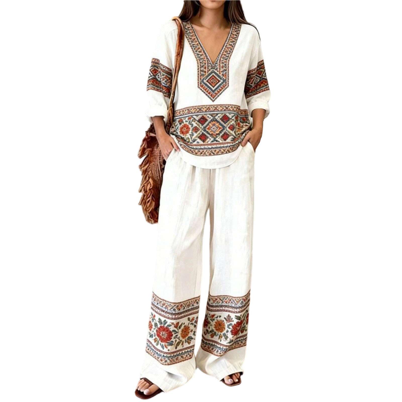 Générique Ensemble Femme 2 Pièces Été Imprimé Floral Chic - Haut Col V Manches 3/4 et Pantalon Large Fluide à Taille Haute Tenue de Vacances Bohème Décontractée en Mélange Coton et Lin