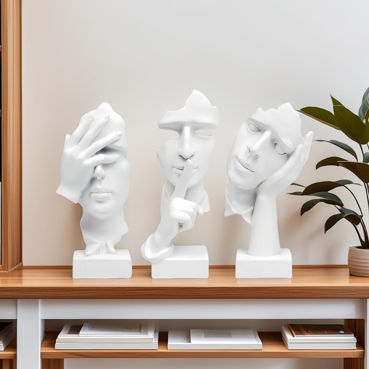 Statua del pensatore a 3 pezzi, il silenzio è una statuetta d'arte astratta in oro, sculture in resina per la casa moderna Decorazioni per oggetti decorativi per l'ufficio domestico (Bianco)