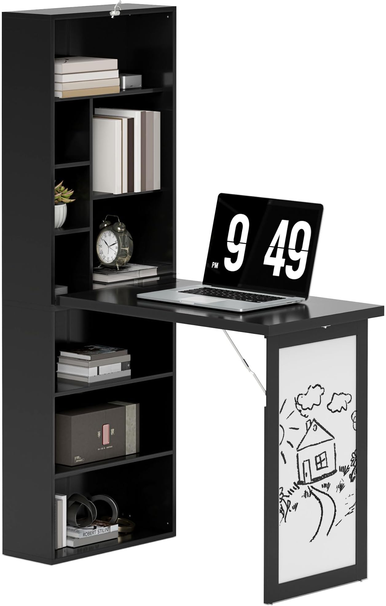 HOMCOM Wall Mounted Computer Desk, Space Saving Folding Study Table with White Board, Bookshelf, Floating Writing Desk with Adjustable Shelf, 9 Open Compartments for Small Space, Black