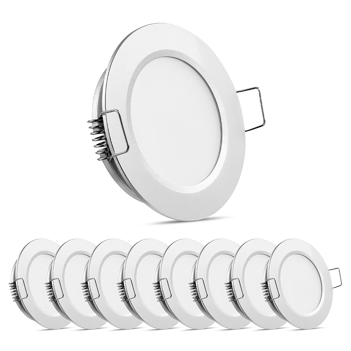 Obeaming 12V LED Puck Light - 8 Pack, Satin Silver, Recessed Mount, 2.75",