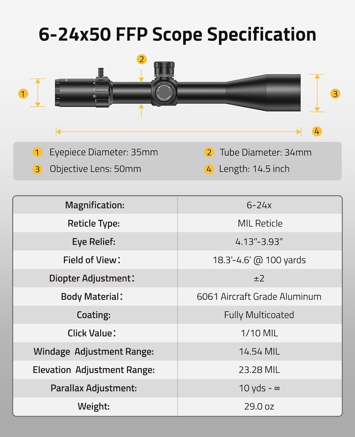 CVLIFE 6-24x50 Side Focus FFP Riflescope with Zero Stop, Illuminated Reticle Hunting Sope, 34mm Tube First Focal Plane Long Range Rifle Scope