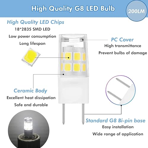 Miniatura 3 de Paquete de 10 bombillas LED G8 2 W equivalente a 15-20 W, bombilla halógena T4 G8 con base bi-pin de 120 V, 200 lúmenes, no regulables, bombillas G8