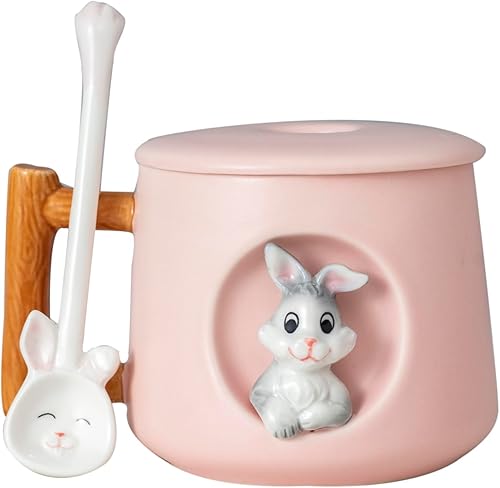 DIHOclub Adorable taza de conejo de cerámica 3D con tapa y cuchara
