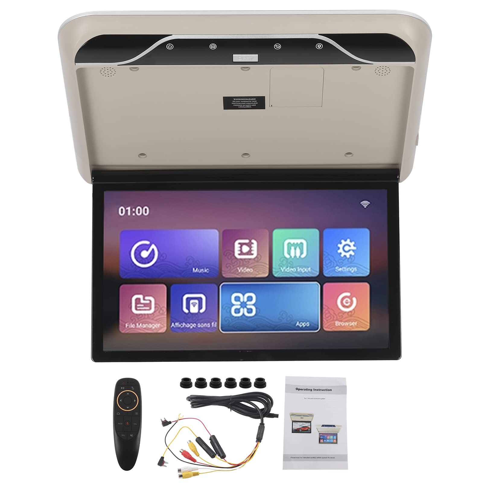 Monitor de Montaje en el Techo del Coche, Pantalla Abatible Montada en el Techo del Coche de 19 Pulgadas, Compatible con HDMI Y TV con Control Remoto Android 9.0(Beige)