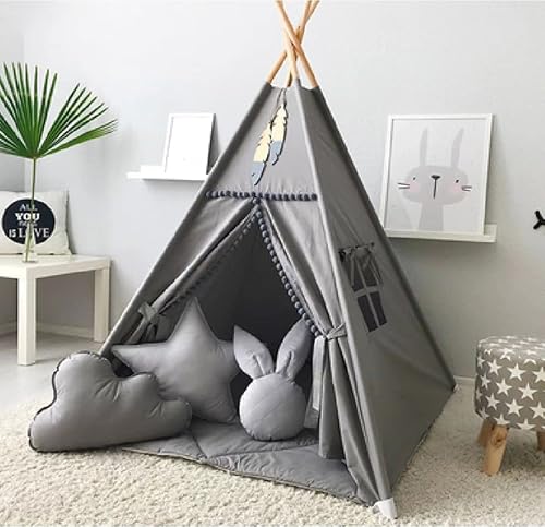 Miniatura 6 de Tienda de campaña para niños con pompón blanco, tipi de juego para interiores, casa de juegos portátil (gris)