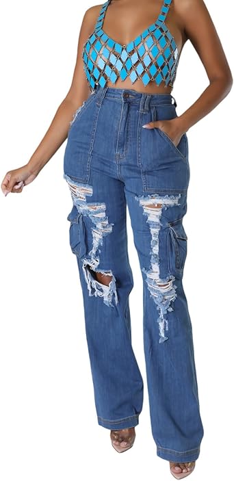 Womens Ripped Jeans Distressed Cutout High Waisted Baggy Straight Wide Leg Y2K Denim Pants