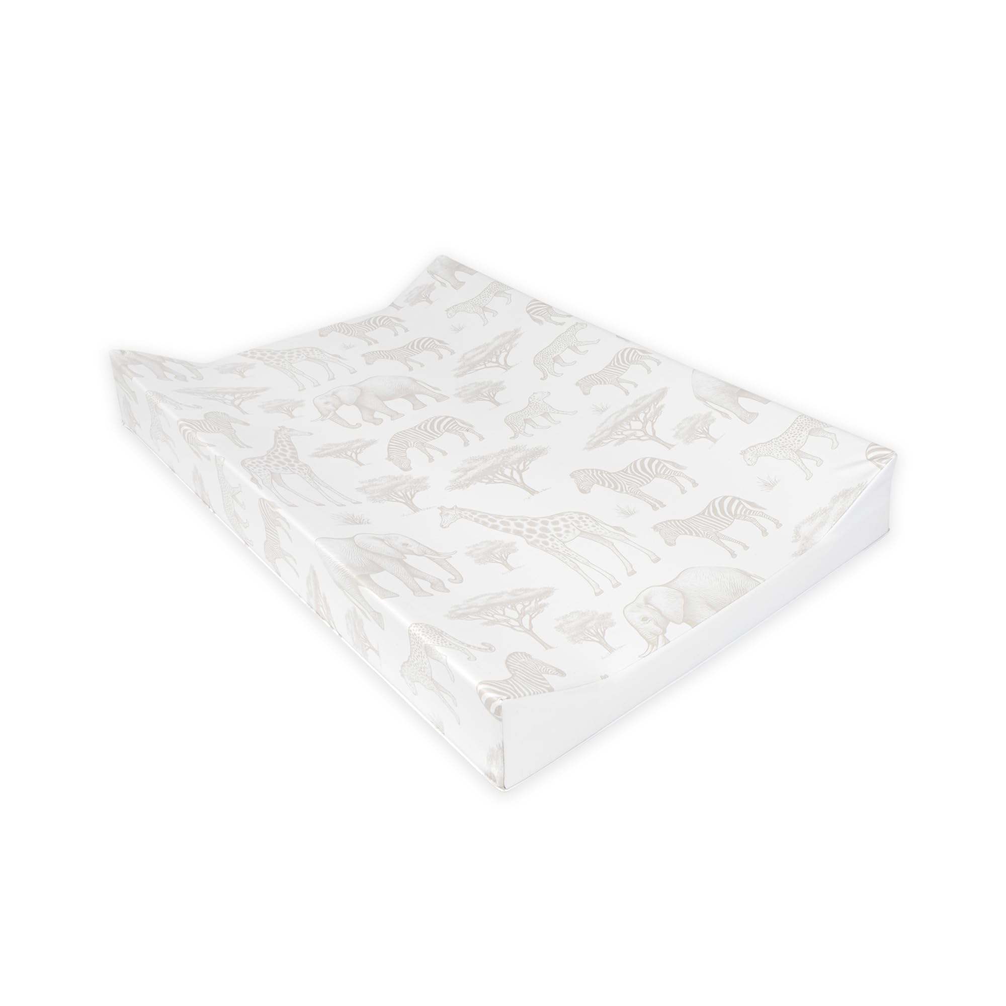BEDEBYES Deluxe Anti Roll Wedge Baby Changing Mat, Safari Animal Print Beige, Waterproof PVC with Curved Sides, 69x45x9cm