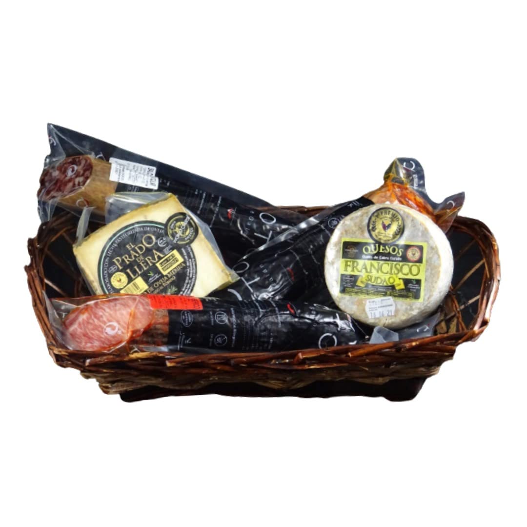 Cesta de Regalo para Empresas con Chorizo Ibérico de Bellota, Lomo Ibérico de Bellota, Queso de Cabra Francisco Sudao, Queso El Prado de Llera – Corazón Extremeño