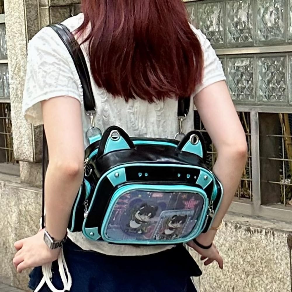 Cat Ita Bag Pins Display Backpack for Girls Single Shoulder Bag Purse with Insert for School Comic Con (blue black PU) - Image 3