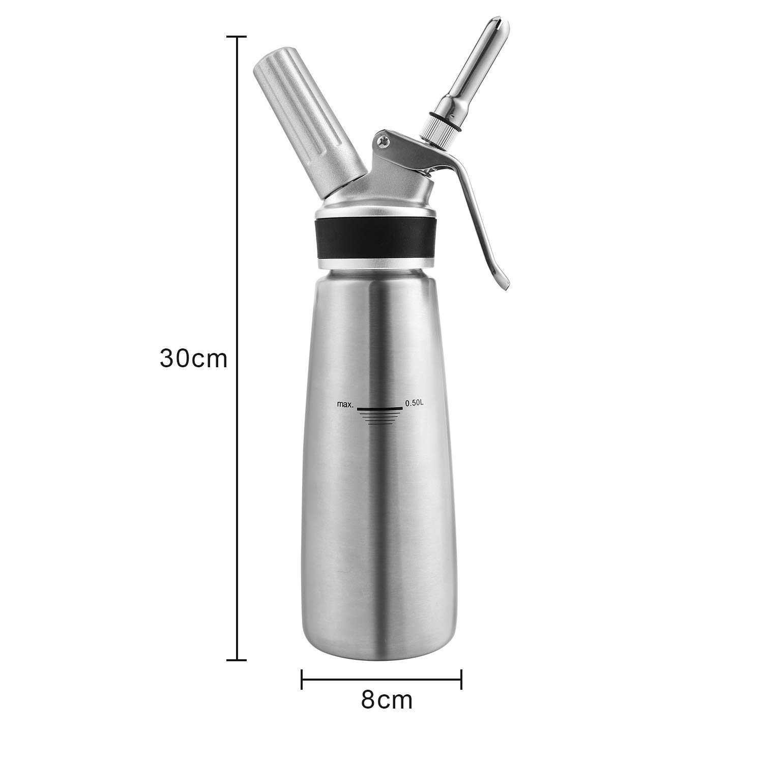 Sahnespender Sahnesyphon Edelstahl, 0,5 L Schlagsahnebereiter mit 3 Edelstahl Deko-Düsen und 1 Reinigungbürste, Profi Schlagsahne Dispenser für Desserts Gebäck Sahne, Soßen und mehr