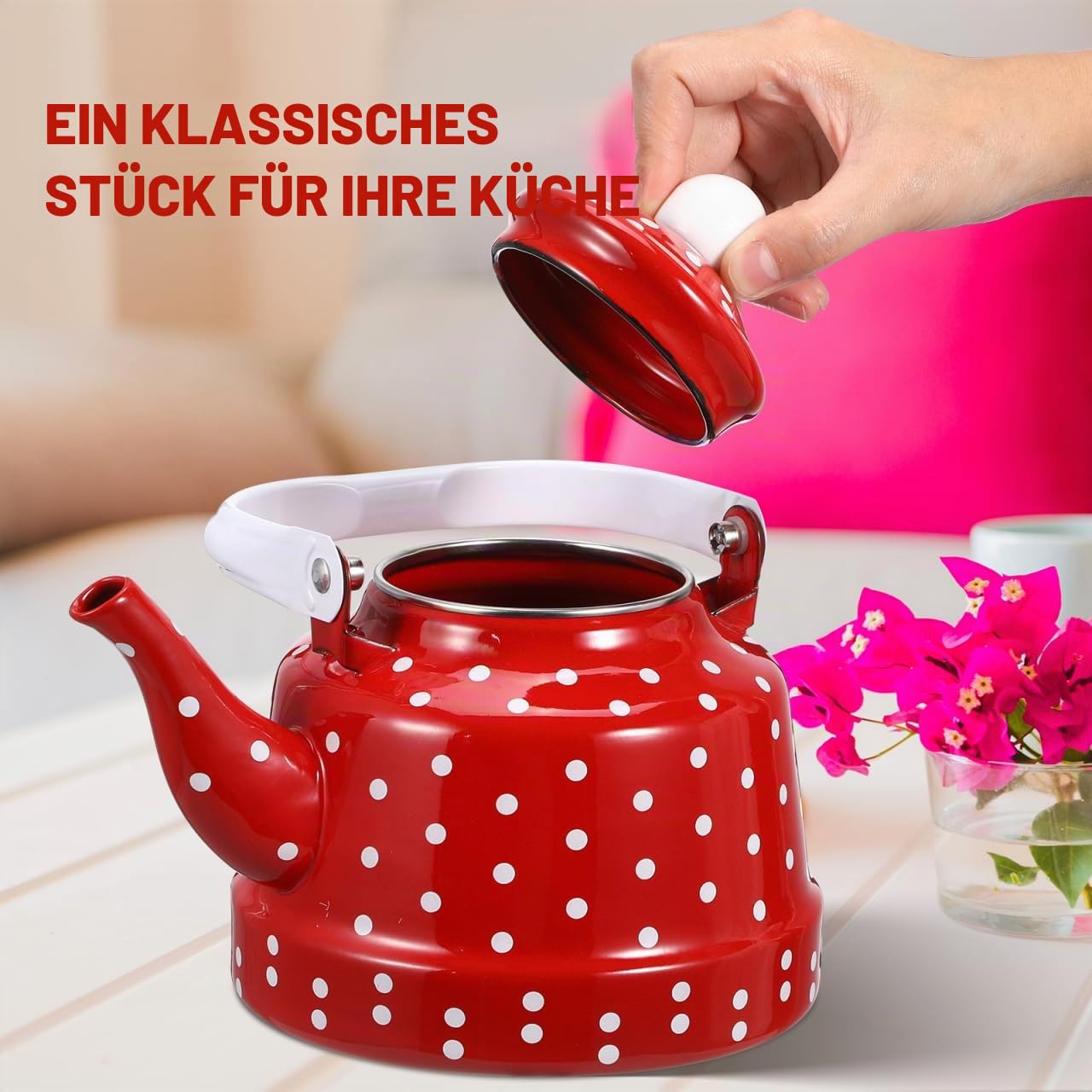 Cabilock Retro Emaille Teekanne 1,7L mit Teesieb, Vintage Teekessel Rot mit Weißen Punkten, Induktionsgeeignet, Emaillierter Wasserkessel für Herd, Camping & Landhaus-Küche