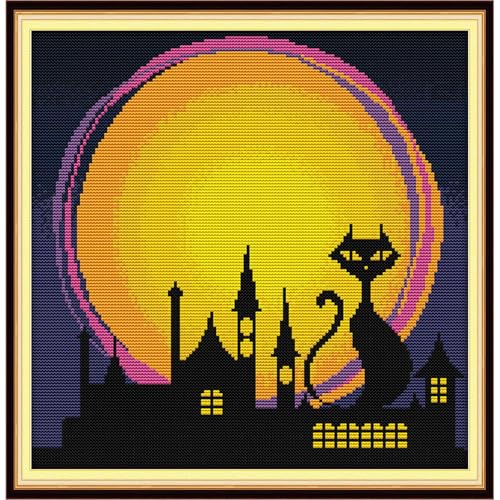 Image of Howie's Needlepoint Cross Stitch Kits, 14CT Pre-Printed Halloween Pattern Embroidery Kits, Full Range of Stamped Starter Needlework Kits (The Night of Halloween 2, 13.39 x 13.39inch)