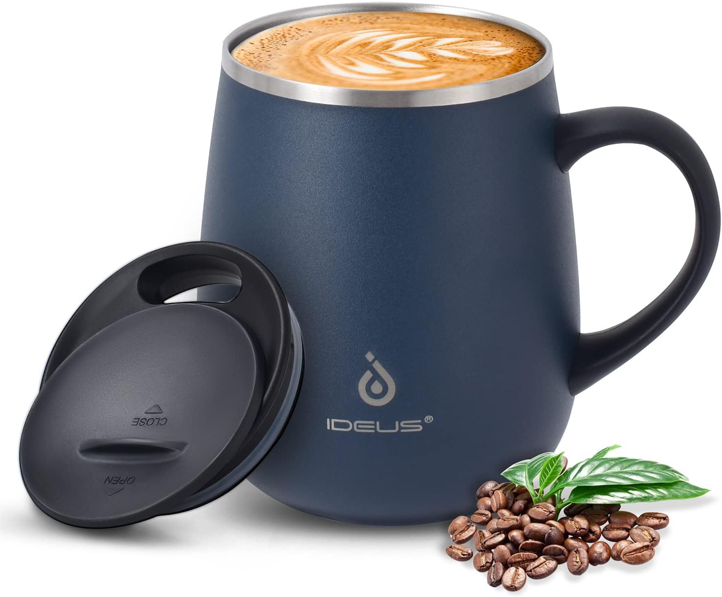 Coffee Mug 470ml (16oz), Double Wall Vacuum Insulated Stainless Steel Coffee & Tea Cup w/Non-Slip Handle & Slider Module Lid & Large Volume (Ocean Blue)