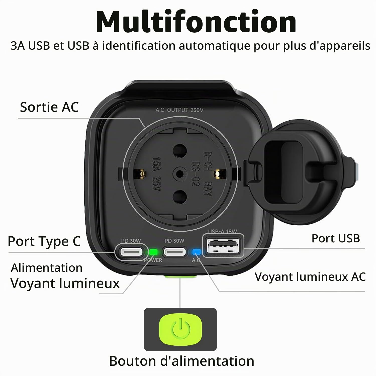 Convertisseur Transformateur Chargeur pour Voiture 150W 12V 220V-240V Onduleur DC/AC avec Ports De 30W 3A Double Typ-C and USB 3.0 18W Charge Rechargez Votre Ordinateur Portable Phone Tablet et Plus