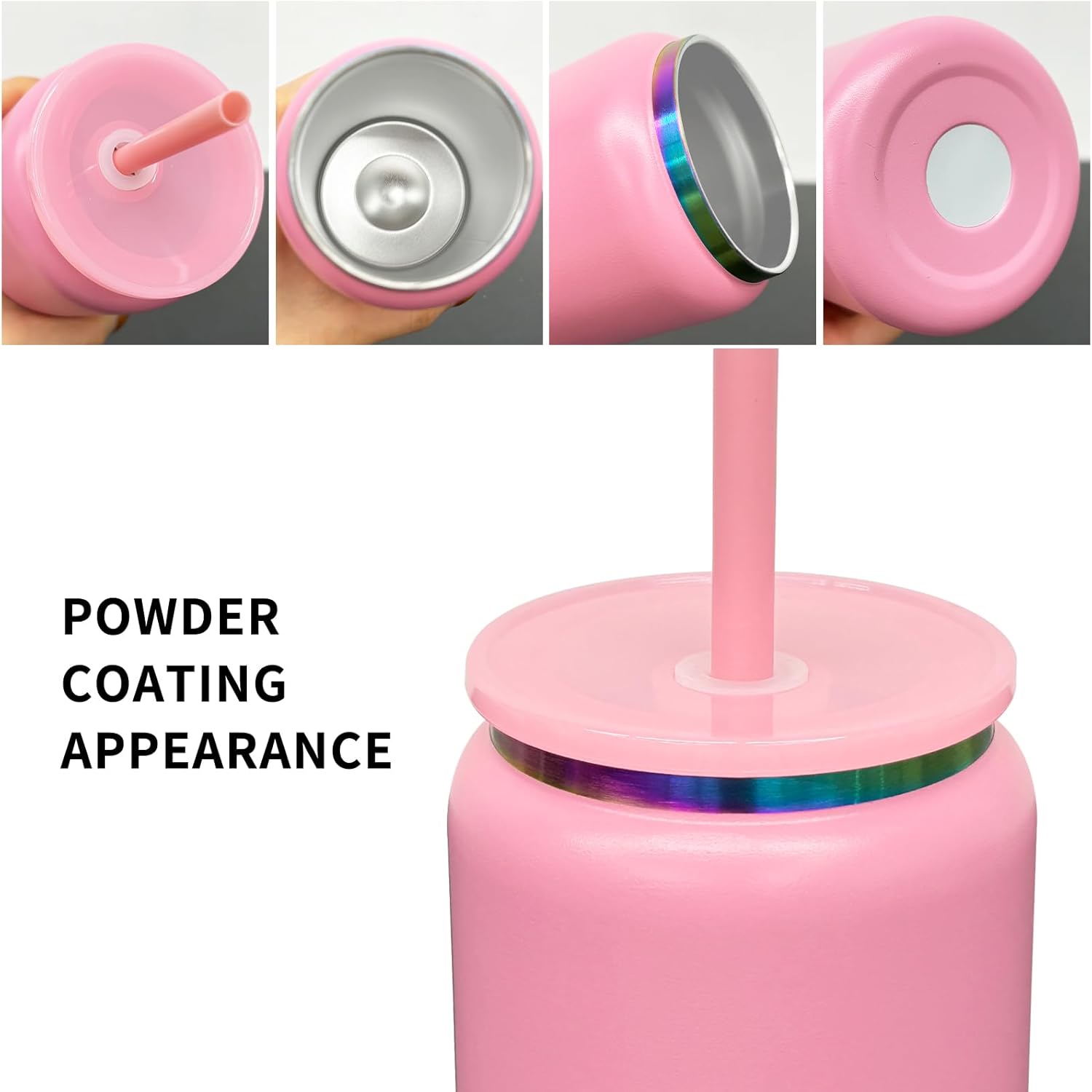 Glass Cups with Lids and Straws, 16 oz Stainless Steel Cups, Insulated Skinny Tumbler, Powder Coated Travel Mugs for Laser Engrave, Iced Coffee Cup for Smoothie Water DIY Gift (Pink,1 pack) - Image 6