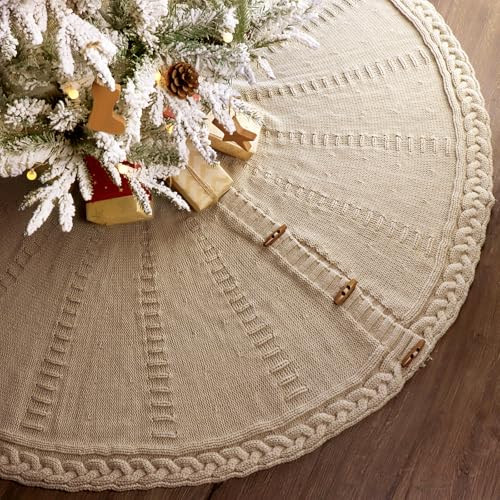 LimBridge Knitted Christmas Tree Skirt: 60 Inch Extra Large Beige Tree Skirt, Thick Chunky Cable Knit Christmas Décor, Rustic Winter Holiday Home Party Decorations