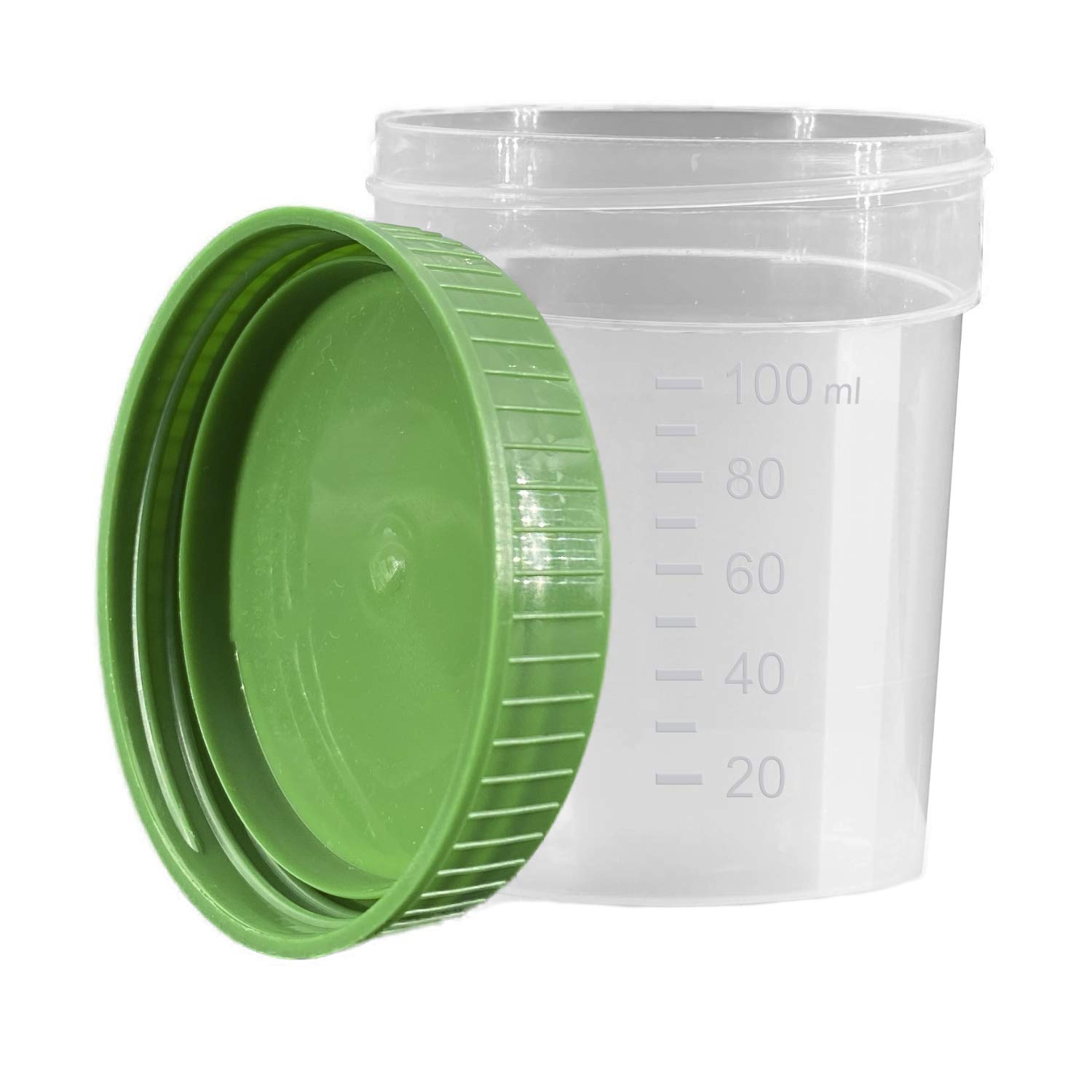 Urinbecher Premium Grün 100 Stück | 125 ml Fassungsvermögen bis 100 ml graduiert | auslaufsicherer und gefriertauglicher Urinprobenbecher mit Schraubdeckel | mattiertes Schriftfeld auf dem Becher