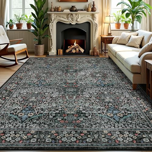 GarveeHome 5x7 Floral Washable Area Rug, Black Low Pile Non Slip Large Rug