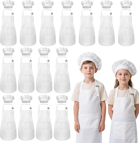 Juego de delantal y sombrero de chef para niños, 30 piezas, delantal para niños y niñas, con 2 bolsillos ajustables para cocinar, aula, hornear,