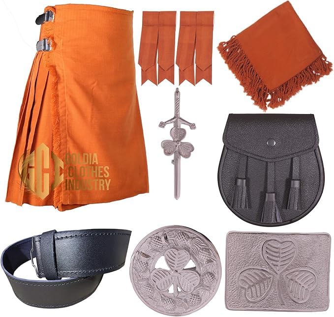 Goldia Clothes Industry Scottish Tartan Kilt Outfit – 8 Yards 16Oz Kilt with Accessories – Custom-Made in Various Tartans (Saffron)