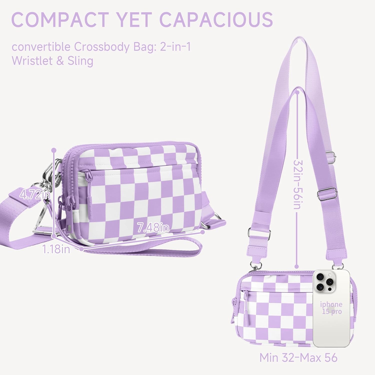 Checkered Nylon Wristlet Wallets for Women RFID Blocking Purse With Credit Card Holder & Crossbody Strap - Image 3