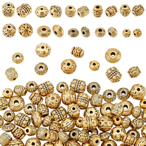 PH PandaHall 100 unidades de espaciadores de oro estilo tibetano de 5,5 ~ 8 mm, 10 estilos, 100 unidades, incluye tambor, barril, redondo, ovalado, para creación de joyas