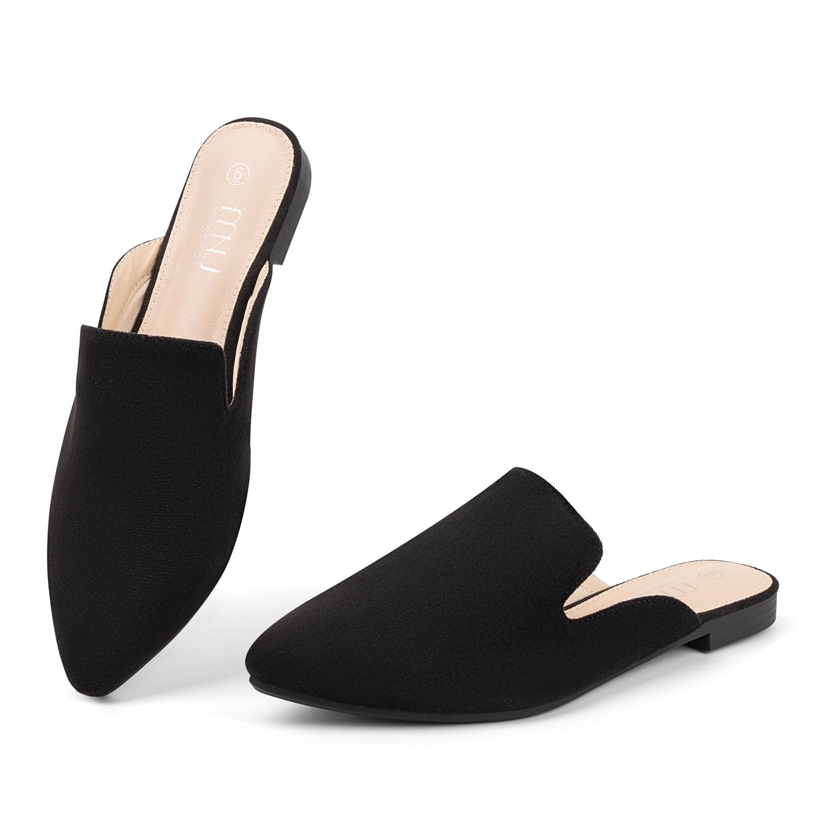 MUSSHOE Women’s Pointed Toe Mule Flats, Slip On Backless Loafers,Black 6