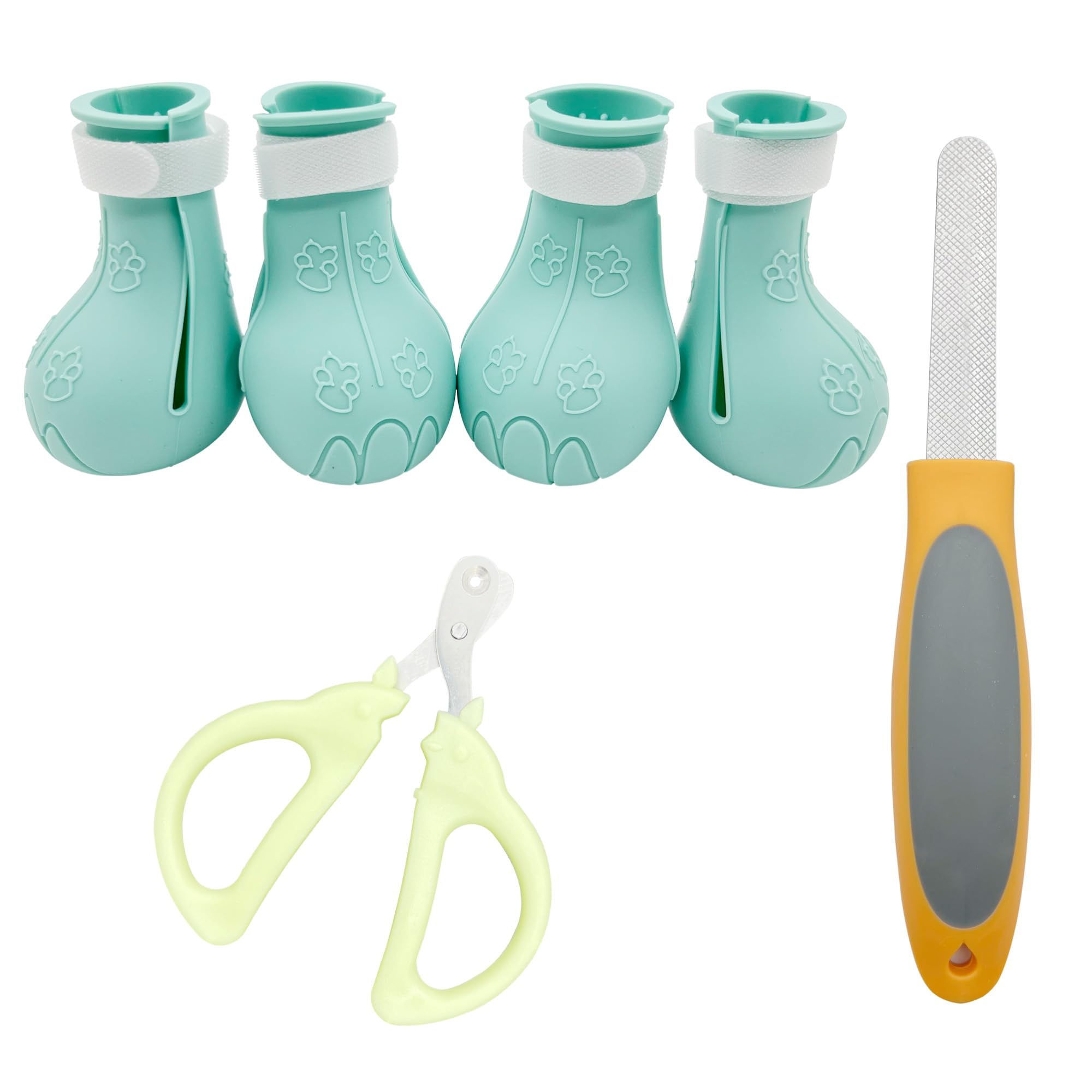 OldSerenWay Cat Claw Covers Anti Scratch Adjustable Paw Protector Shoes, Pet Nail Clipper Claw Trimmer with Circular Cut Hole, Dog Nail File Grinder, 6Pcs Grooming Tool (Light Green/Green/Orange)