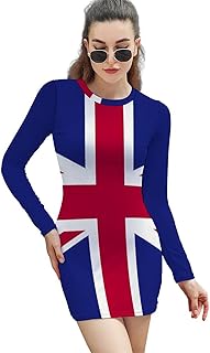 Elegant Casual British Flag Long-Sleeved Sheath Dress for Women Girl's Summer Sun Beach S