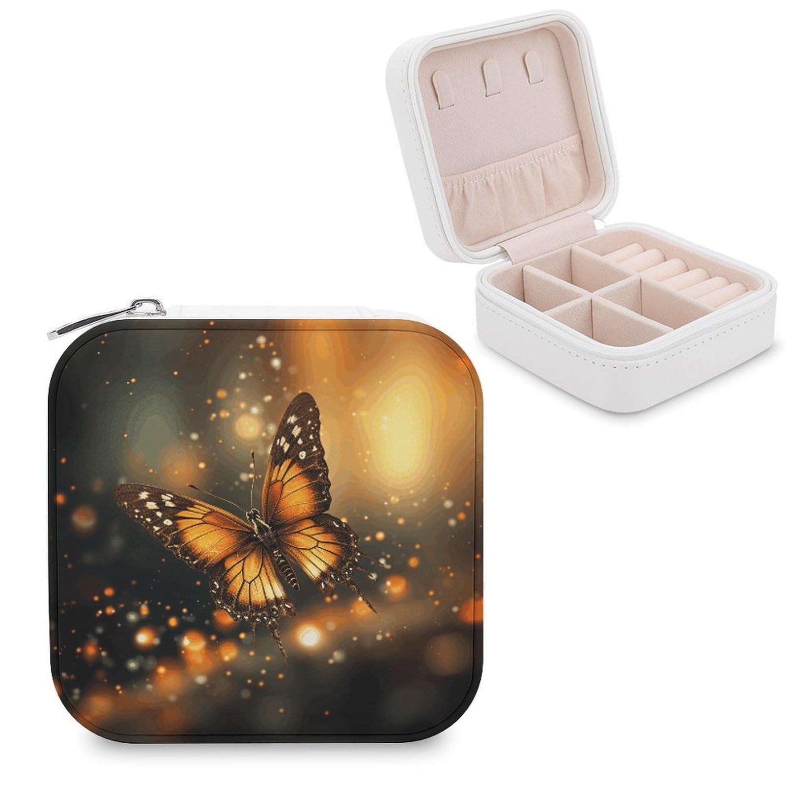 VstaDank Orange Butterfly Jewelry Box for Women Jewelry Organizer Storage Case with Zipper Mini Travel Jewelry Case Cute Trinket Organizer Leather Portable Jewelry Storage Box