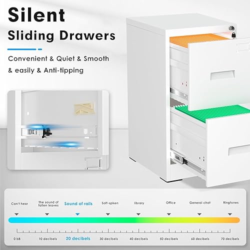 Miniatura 7 de INTERGREAT Archivador de 2 cajones con cerradura, archivador de metal blanco, armario de almacenamiento estrecho con bloqueo con 4 marcos ajustables