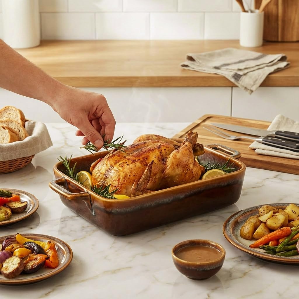 Baking Dish Ceramic Baking Dish、Rectangular Baking Pans Set、Double handles Suitable for lasagna、Baking、Oven 12.8IN、10.8IN、8.9IN Reactive Glaze 3-Piece