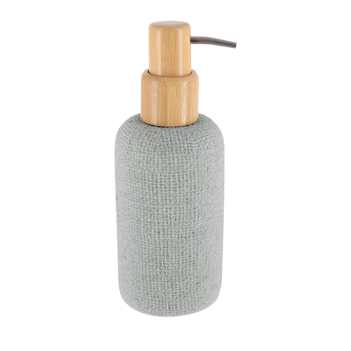 TENDANCE - Round Mesh Effect Polyresin Dispenser and Bamboo Pump 340ml - Grey - Bathroom - Bathroom Accessory to Stand