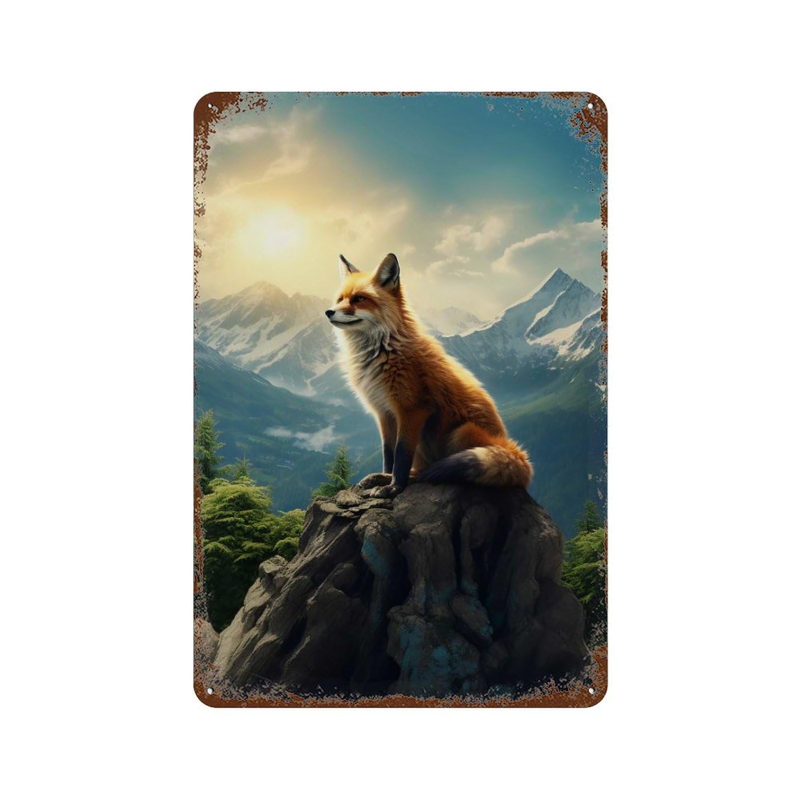Fox Mountains Rustic Tin Plaque 11.8"x7.9", for Pub, Kitchen And Man Cave Decor, Vintage Wall Decor