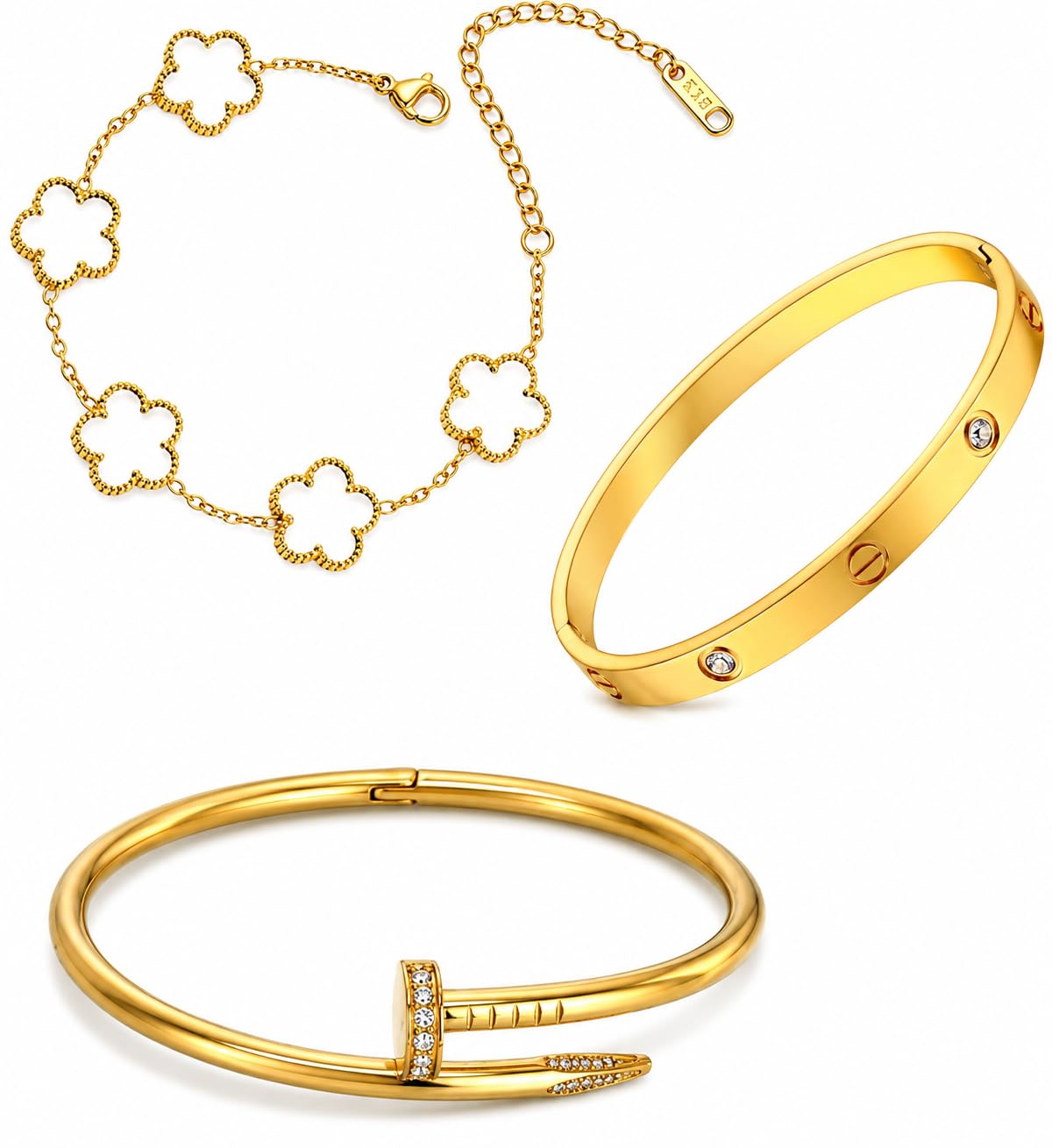 PRIME HOMES Clover bracelets White flower Nail Kada Anti Tarnish Stylish Stainless Steel gold Bracelet for girls Hand Kada Aesthetic Accessories Jewellery friendship crystal
