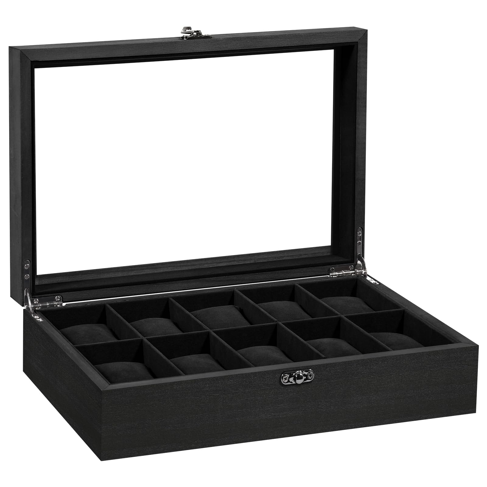 Uten Watch Box 10 Slots, Solid Wood Watch Case with Glass Lid, Metal Clasp, Watch Display Storage Box for Men and Women, Removable Silk Cotton Pillow, Black Lining, Gift Idea for Watches, Jewelry