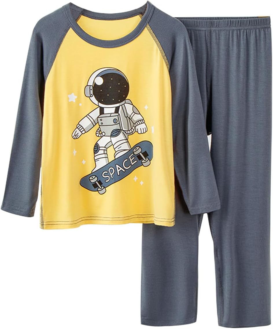 Umeyda Kids Boys Soft Modal Pajama Set Cozy Long Sleeve Sleepwear Nightwear 2 Pcs Pj Set, 4-14 Years