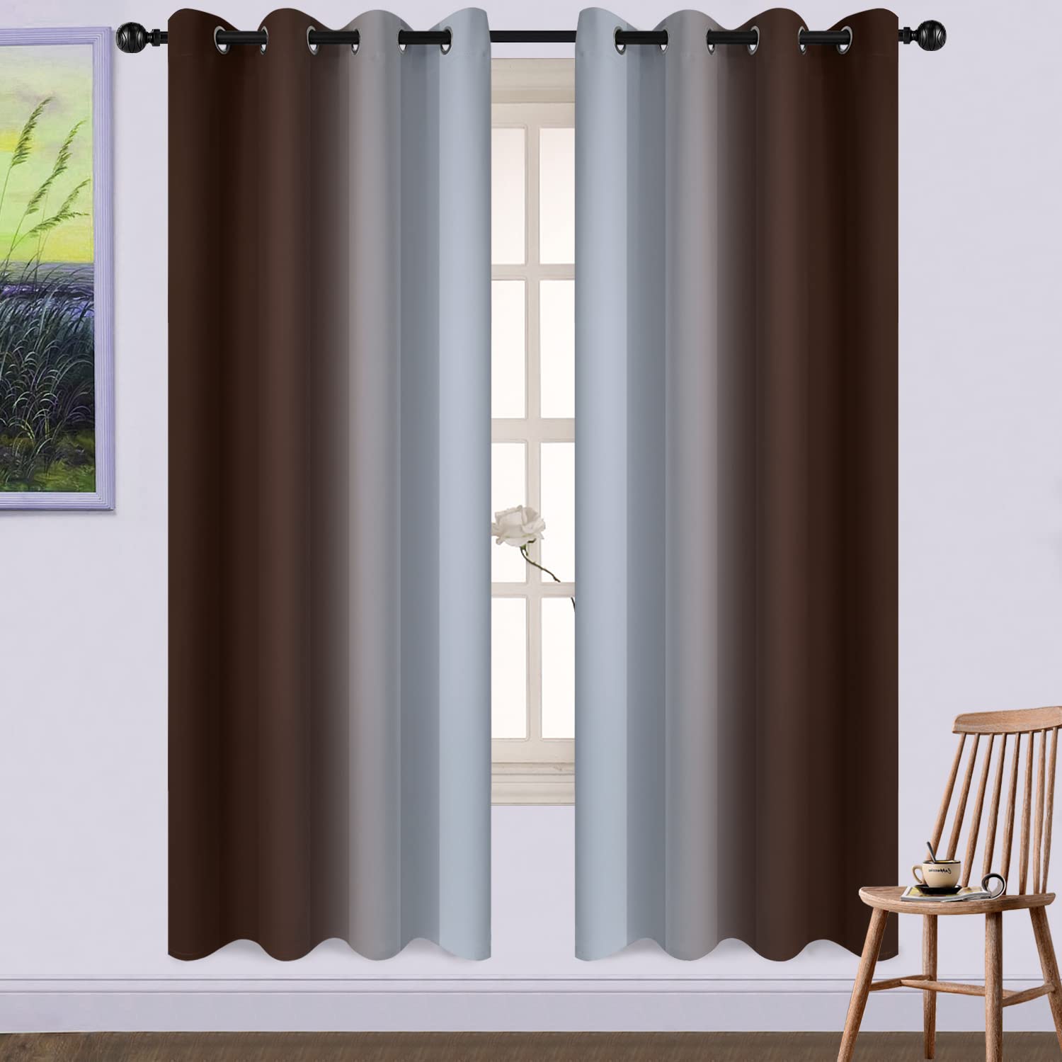 Yakamok Room Darkening Blackout Thickening Polyester Gradient Color Ombre Curtains with Grommet, Thermal Insulated Window Drapes for Living Room/Bedroom (Brown and Greyish White, 2 Panels, 52x72 Inch) — image 1