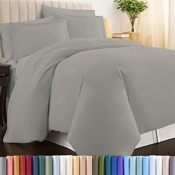 Pizuna Cotton Queen Duvet Cover Set, 400 Thread Count Long Staple Cotton Sateen Weave with Button Closure Ash Grey
