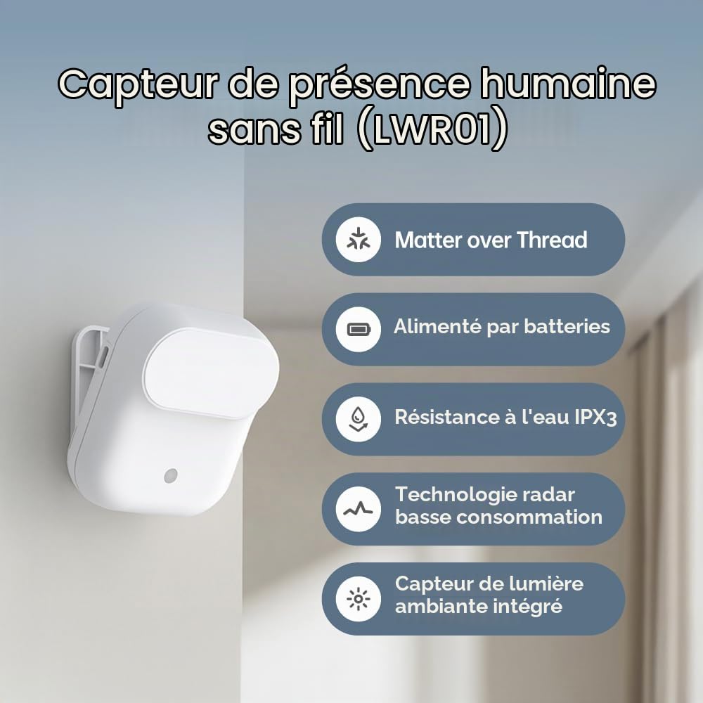 Wireless Human Presence Sensor LWR01, mmWave Radar, Occupancy & Motion Sensor, Battery-powered, IPX3 Water Resistant, Matter Over Thread, Requires Thread-Compatible Smart Home Hub/Router | Le radar mmWave détecte la présence à 3,5 m, le mouvement à 6 m et