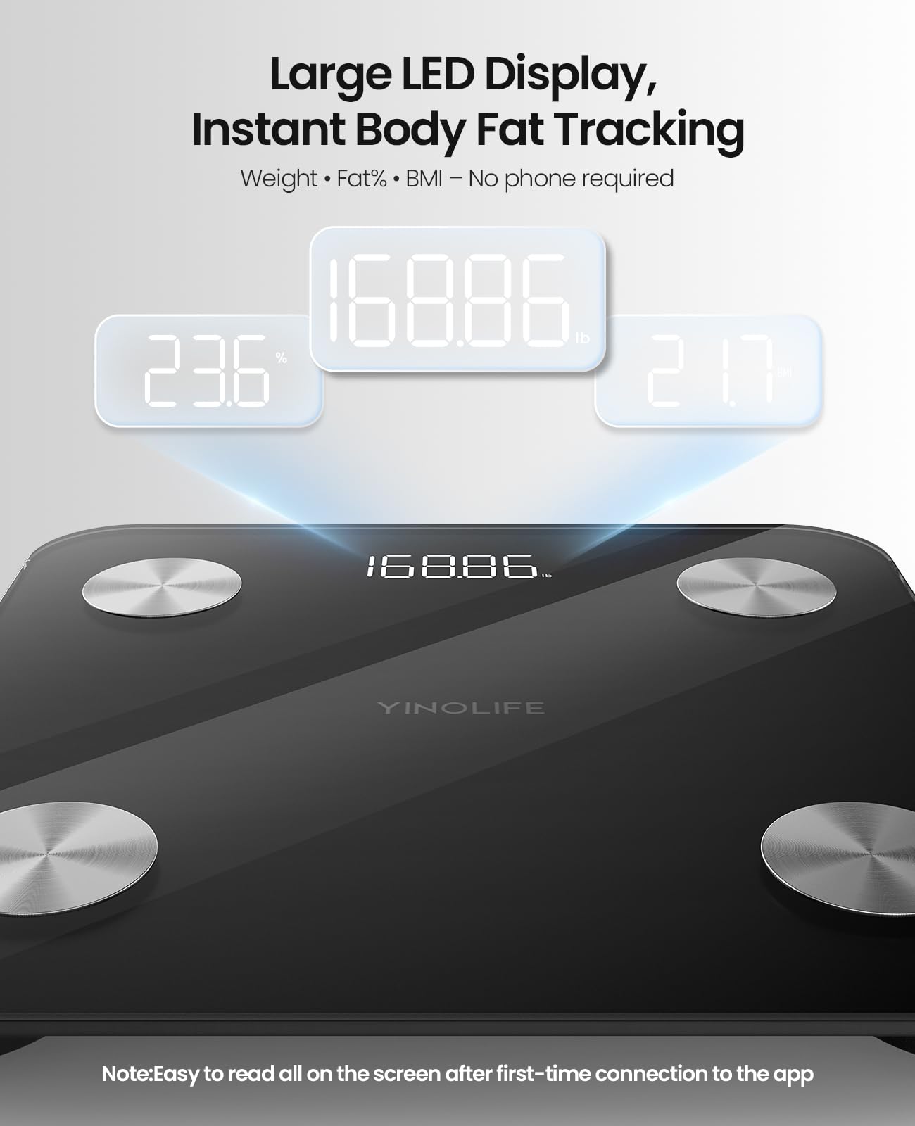 YINOLIFE Bilancia intelligente per il peso corporeo, bilancia digitale da bagno con BMI, grasso corporeo, massa muscolare, bilancia ad alta precisione con display a LED, robusto vetro temperato,