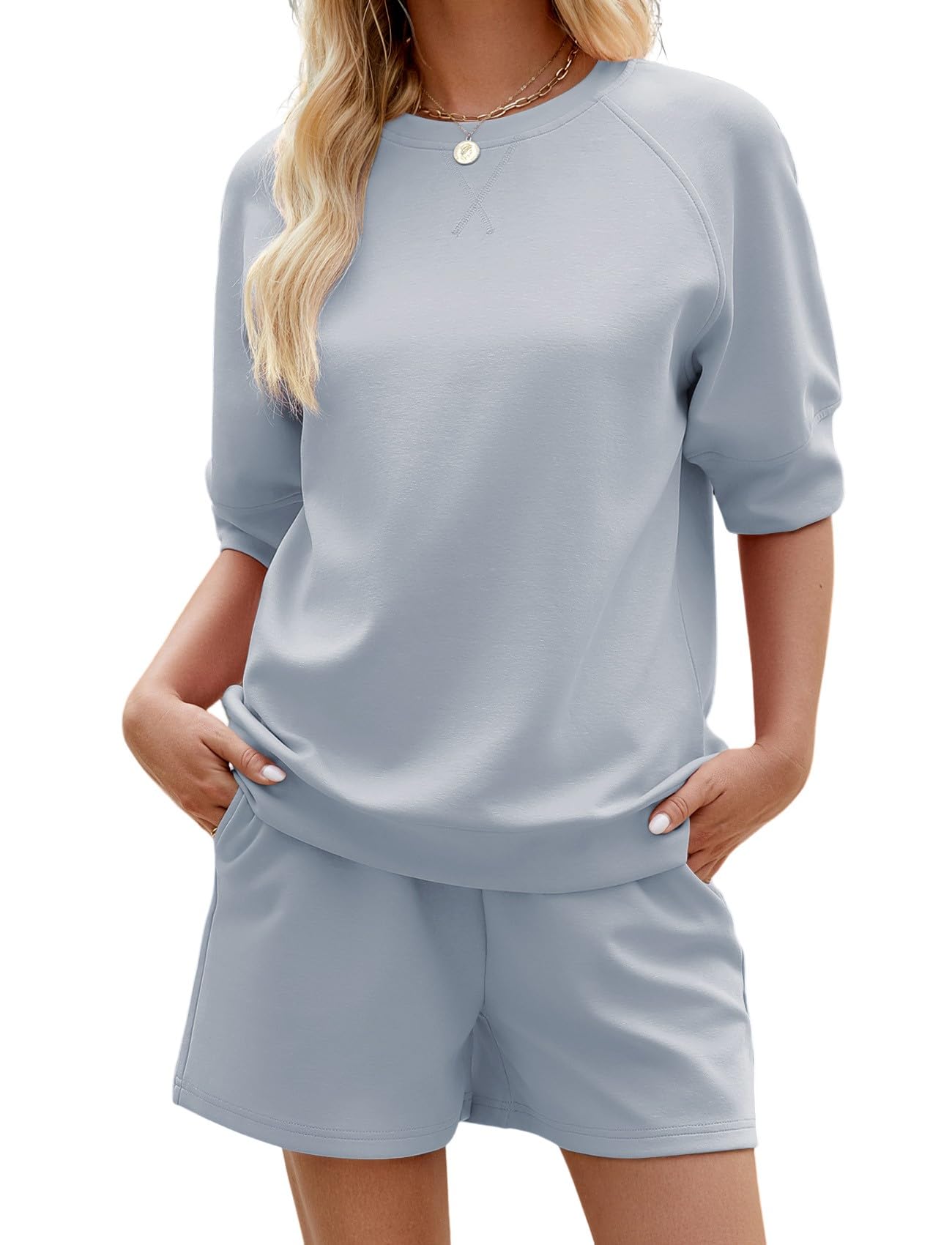 KFUBUO Women's 2 Piece Lounge Sets Summer Matching Outfits Short Sleeve Top and Shorts Loungewear