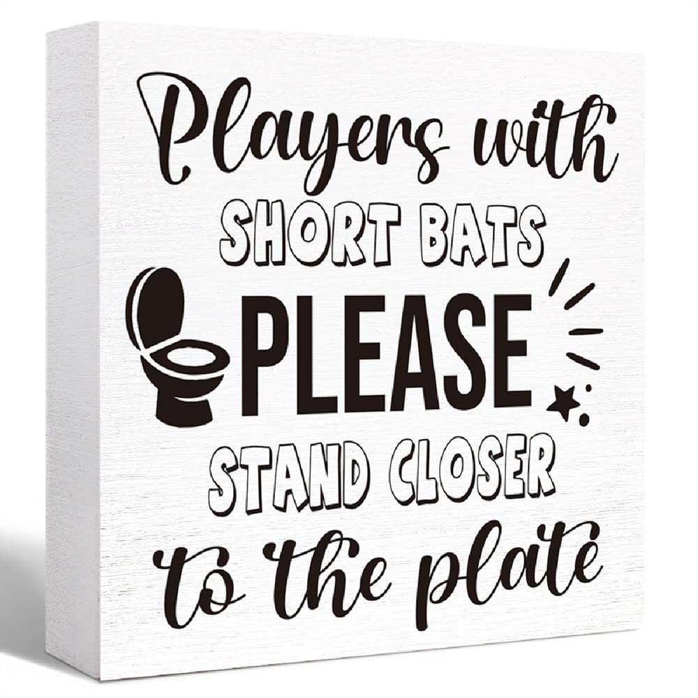 Funny Bathroom Wood Sign Players with Short Bats Please Wood Block Sign for Bathroom Shelf Toilet Restroom Home Tabletop Desk Decor,Farmhouse Bathroom Wooden Box Sign 5x5 Inch