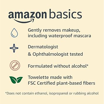 Amazon Basics Makeup Remover Wipes, Fragrance-Free, Alcohol-Free, Gentle Cleansing, Plant-Based, Dermatologist Tested, Removes Waterproof Mascara, Resealable, 25 Count, 1-Pack