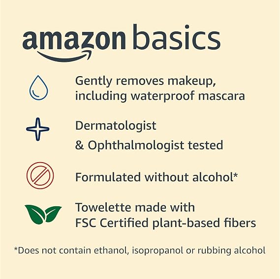 Amazon Basics Makeup Remover Wipes, Fragrance-Free, Alcohol-Free, Gentle Cleansing, Plant-Based, Dermatologist Tested, Removes Waterproof Mascara, Resealable, 25 Count, 1-Pack